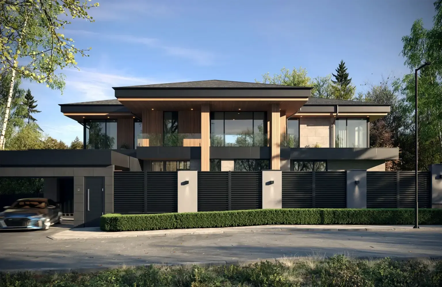 Imagem 3D de uma casa moderna de dois pavimentos, de dia, com fachada clara e madeira