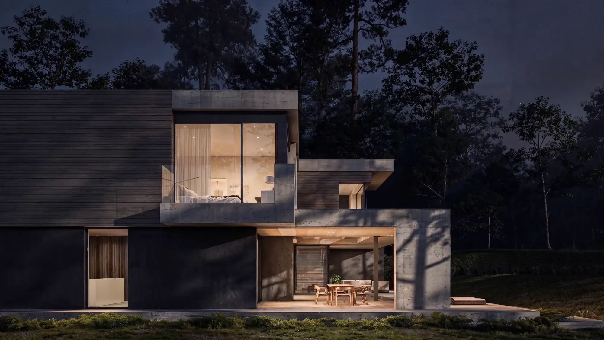 Imagem 3D de uma casa moderna de concreto e madeira ao anoitecer, com a sala iluminada