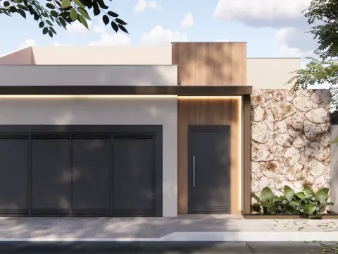 Fachada da casa Promissão 01 com portão de duas folhas, painel de madeira e muro de pedra, com fita de luz