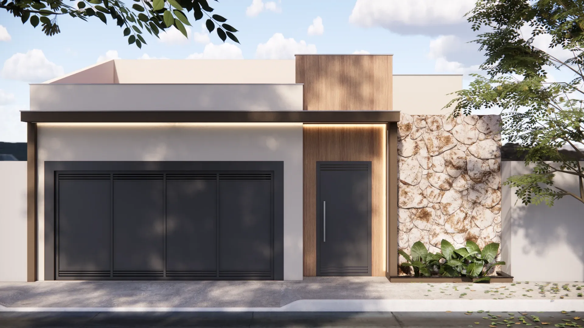 Fachada da casa Promissão 01 com portão de duas folhas, painel de madeira e muro de pedra, com fita de luz